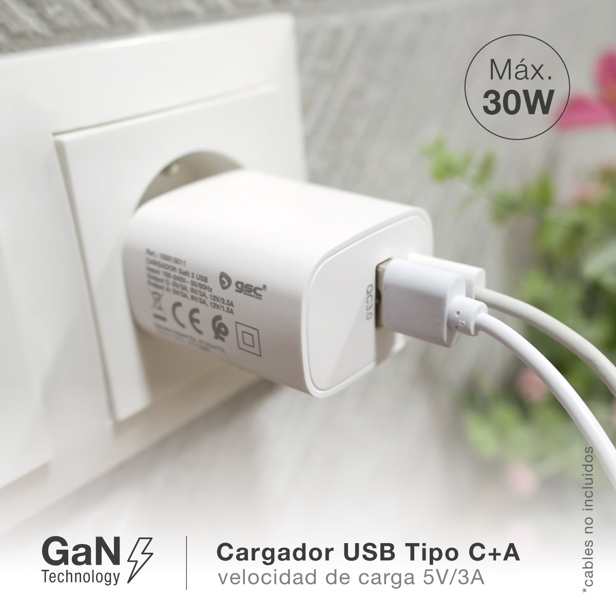 Cargador GaN USB C + A