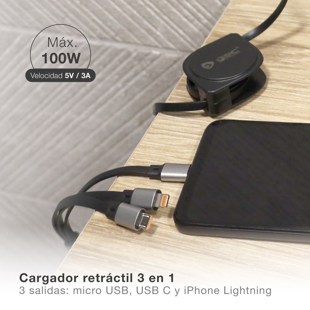 Cable cargador retáctil 3 en 1 (USB Tipo C, conector Lightining y Micro USB Tipo C)
