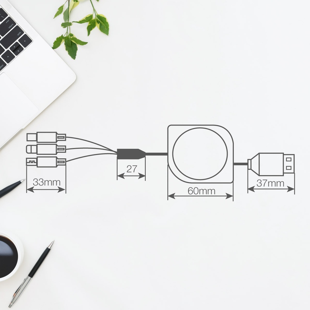 Cable cargador retáctil 3 en 1 (USB Tipo C, conector Lightining y Micro USB Tipo C)