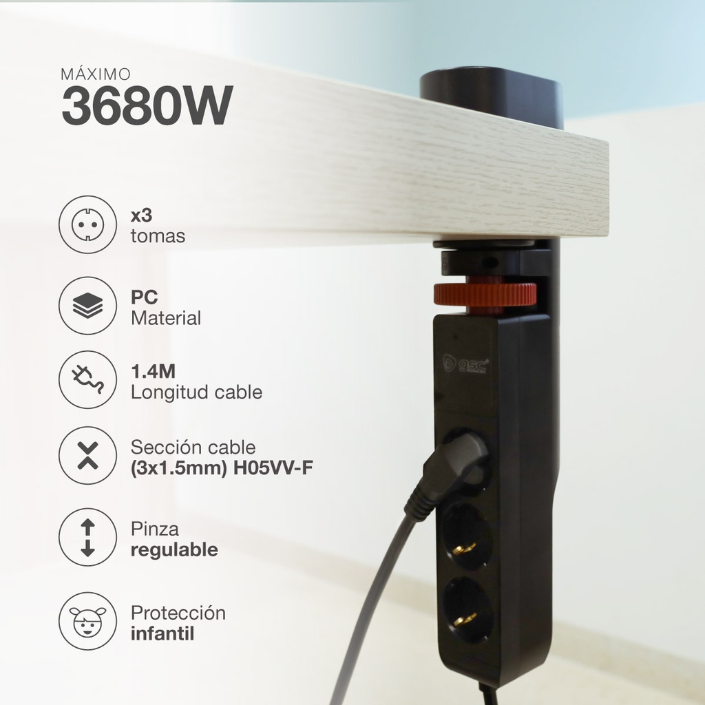 Base múltiple sobremesa 3T + 2 USB A + 1 USB Tipo C + Int (3x1.5mm) 1,4M Negro
