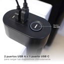 Base múltiple sobremesa 3T + 2 USB A + 1 USB Tipo C + Int (3x1.5mm) 1,4M Negro