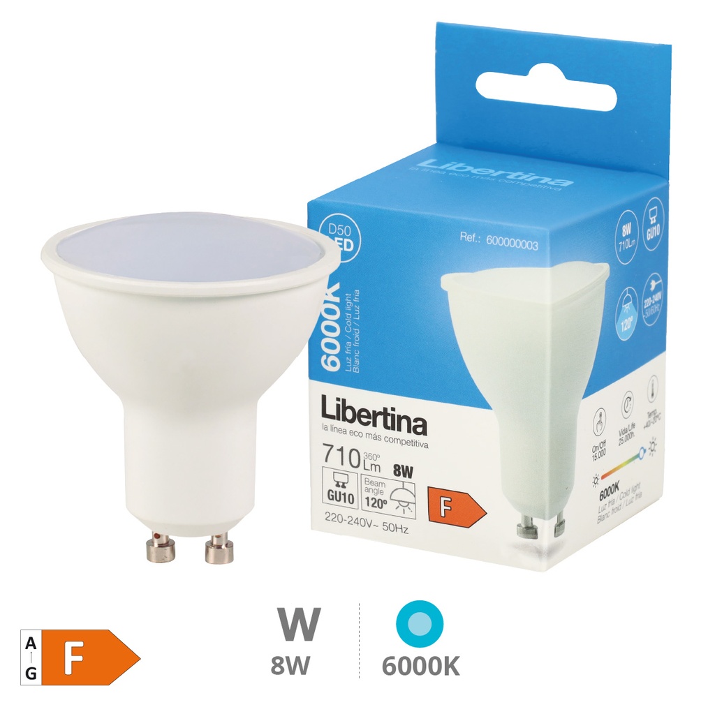 Bombilla LED dicroica 8W GU10 6000K - Libertina