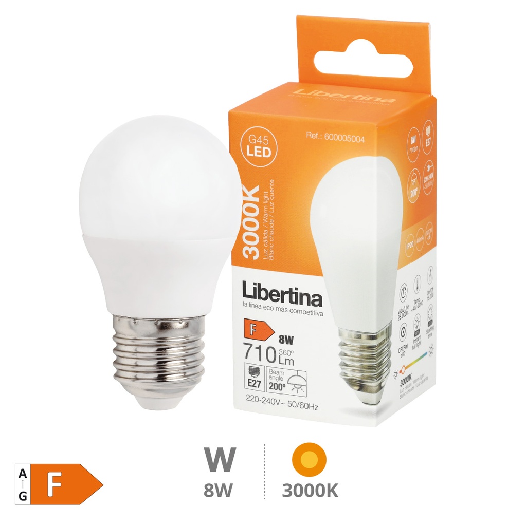 Bombilla LED esférica 8W E27 3000K - Libertina
