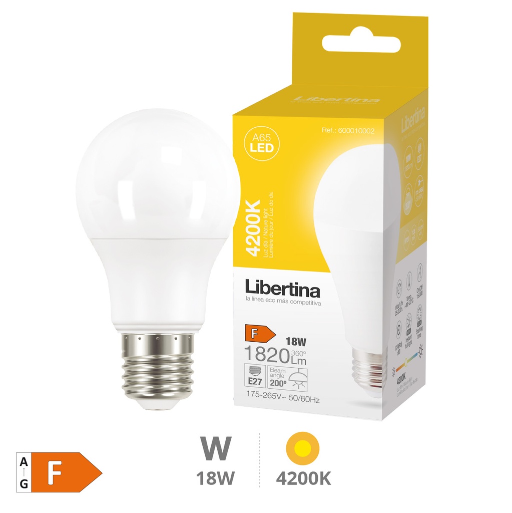 Bombilla LED estándar A65 18W E27 4200K - Libertina