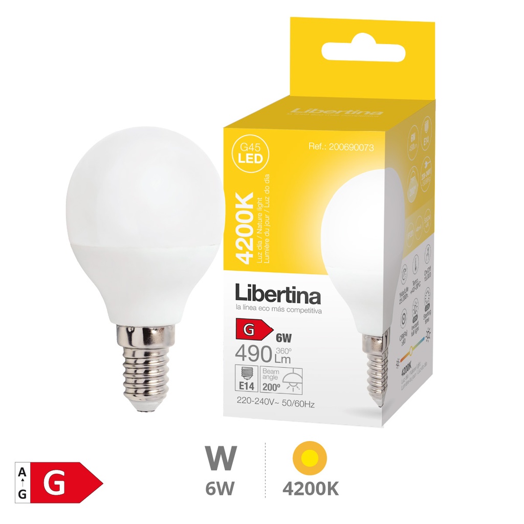 Bombilla LED esférica 6W E14 4200K - Libertina