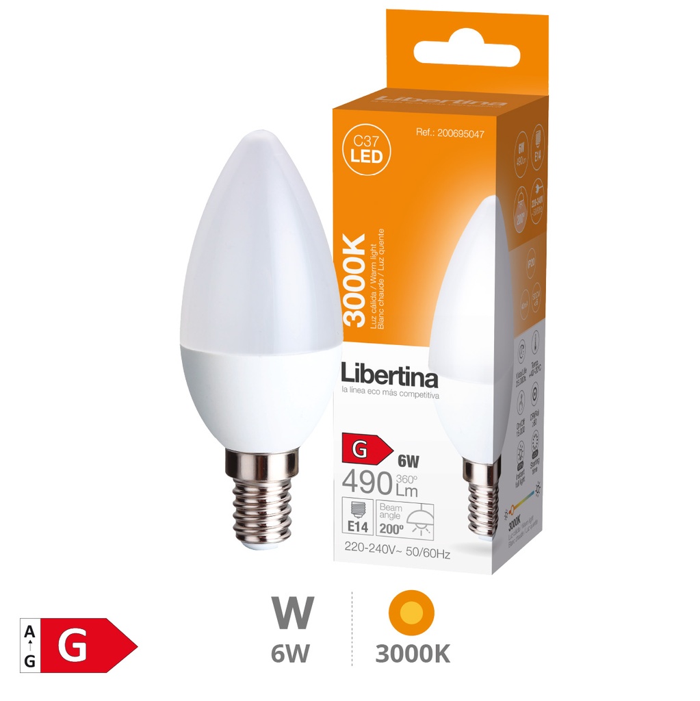 Bombilla LED vela 6W E14 3000K - Libertina
