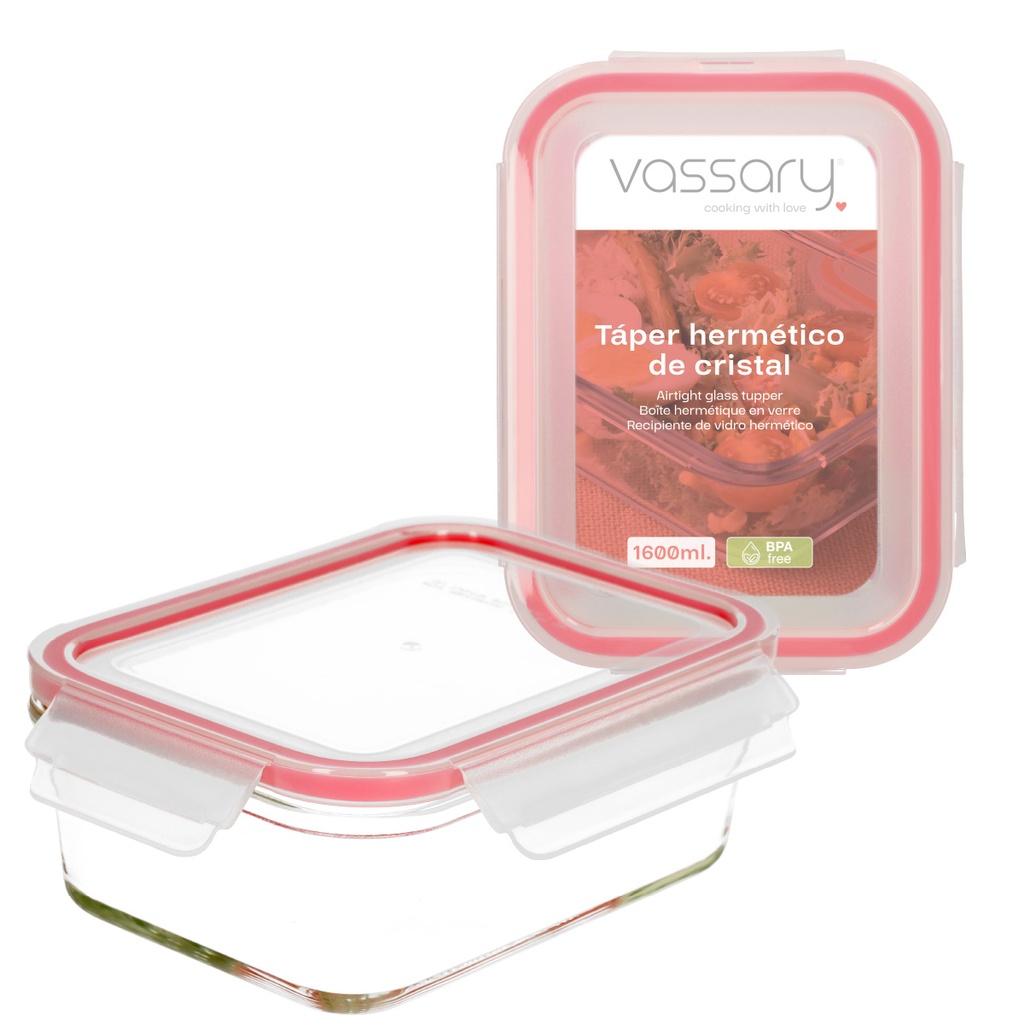 Táper hermético rectangular de cristal 1600ml