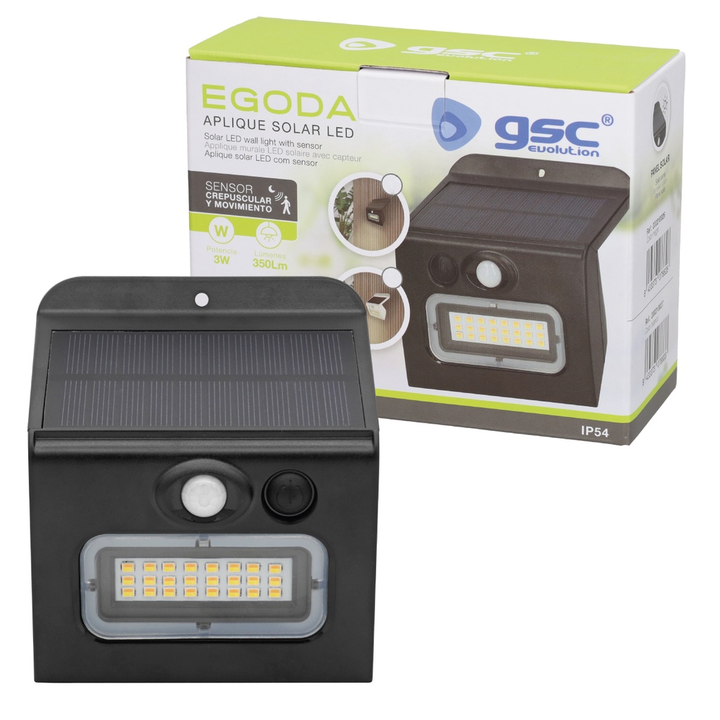 Aplique solar LED Egoda con sensor de movimiento y crepuscular 3W 3000 - 4000 - 6500K Negro