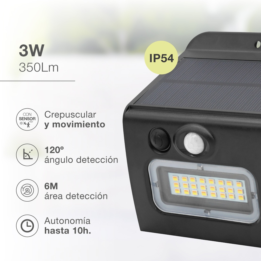 Aplique solar LED Egoda con sensor de movimiento y crepuscular 3W 3000 - 4000 - 6500K Negro