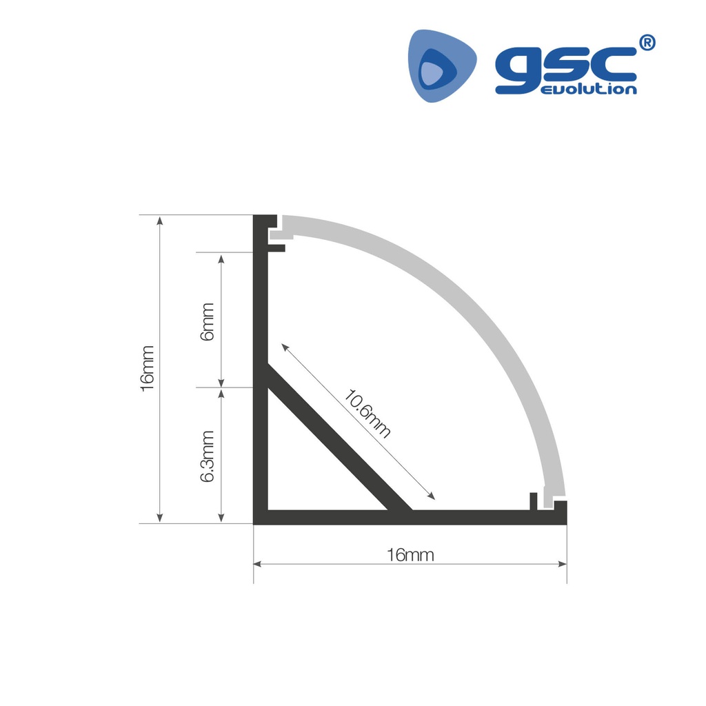 Perfil aluminio traslúcido para esquinas ovalado 2M para tiras LED hasta 10mm