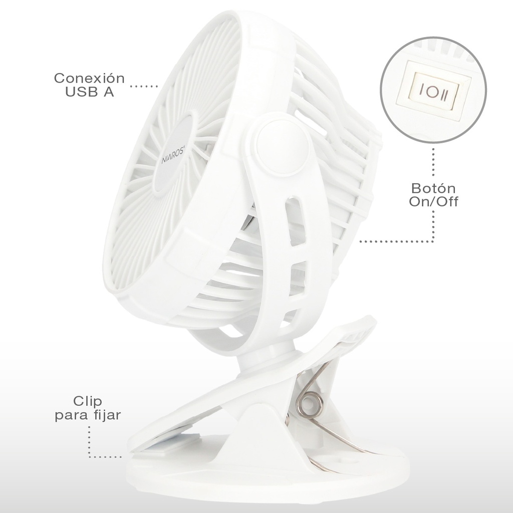 Mini ventilador USB tipo clip Fune 3W Blanco