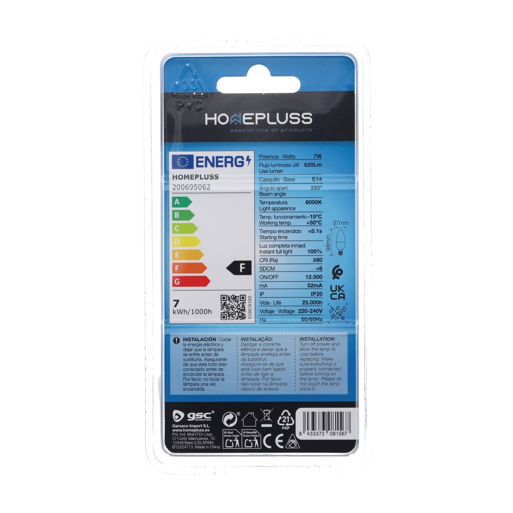 Bombilla LED vela 7W E14 6000K - 12u caja exp