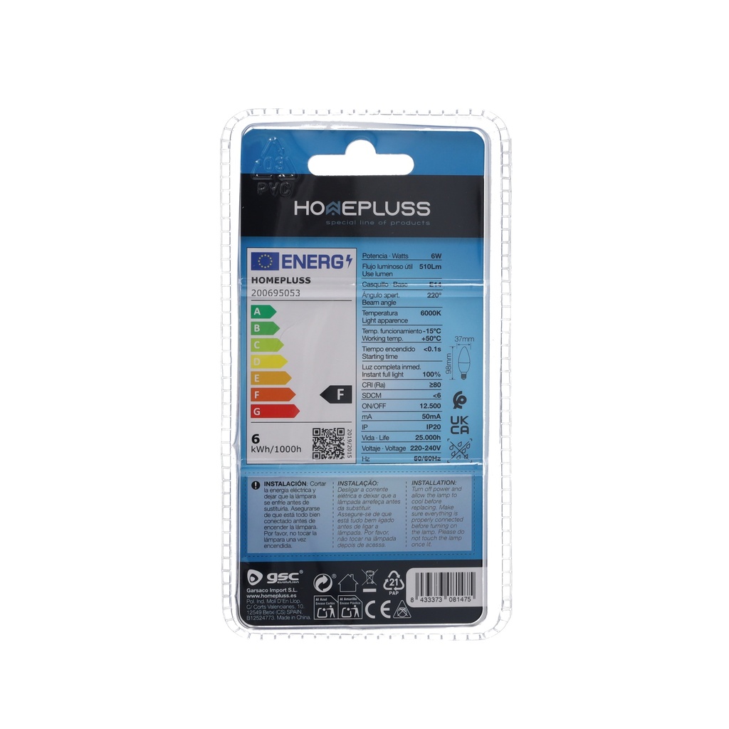 Bombilla LED vela 6W E14 6000K - 12u caja exp