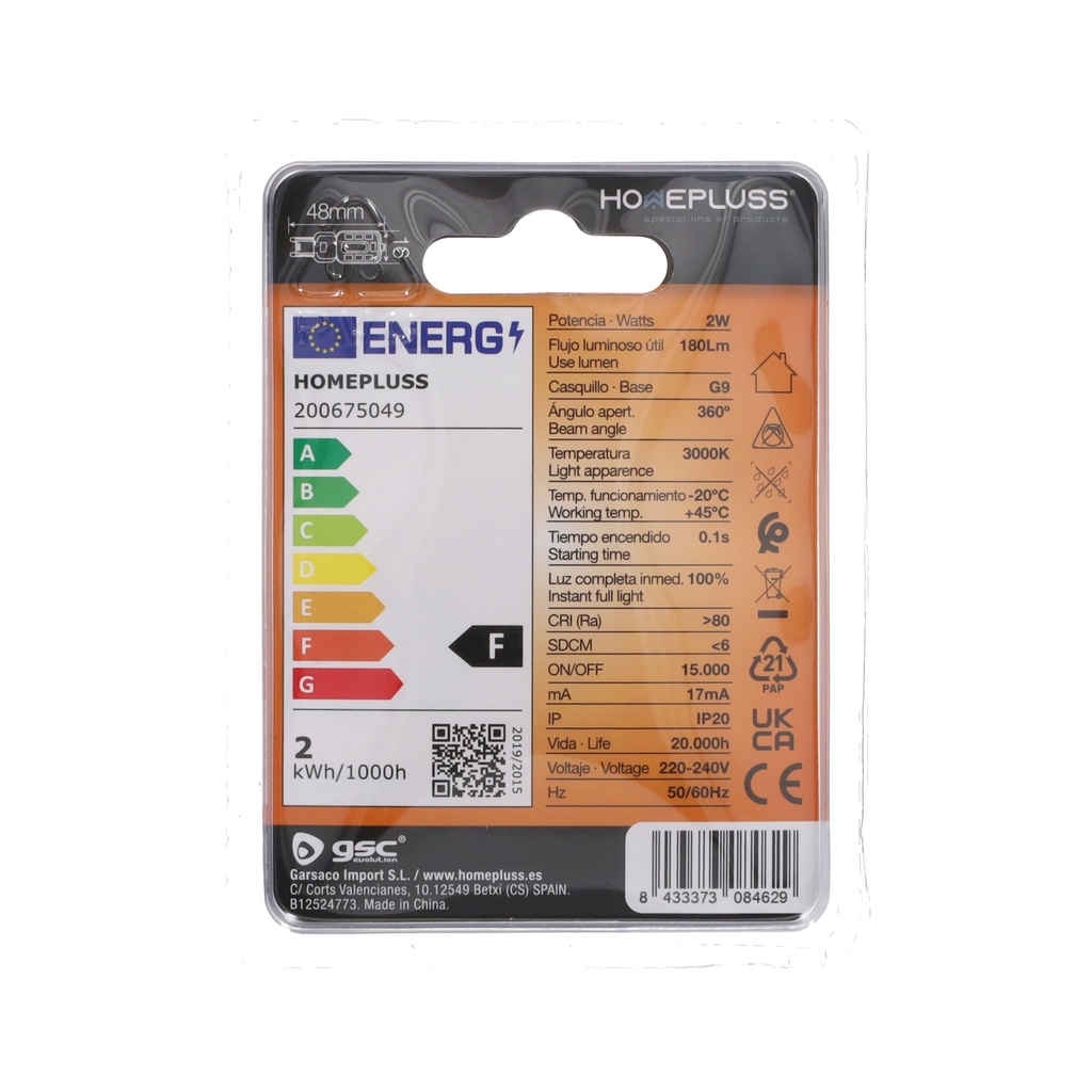 Bombilla LED 2W G9 3000K - 6u retráctil