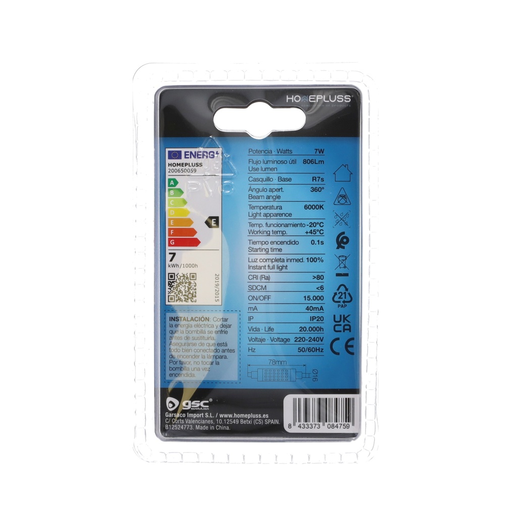 Bombilla LED lineal 78mm 7W R7s 6000K - 6u retráctil