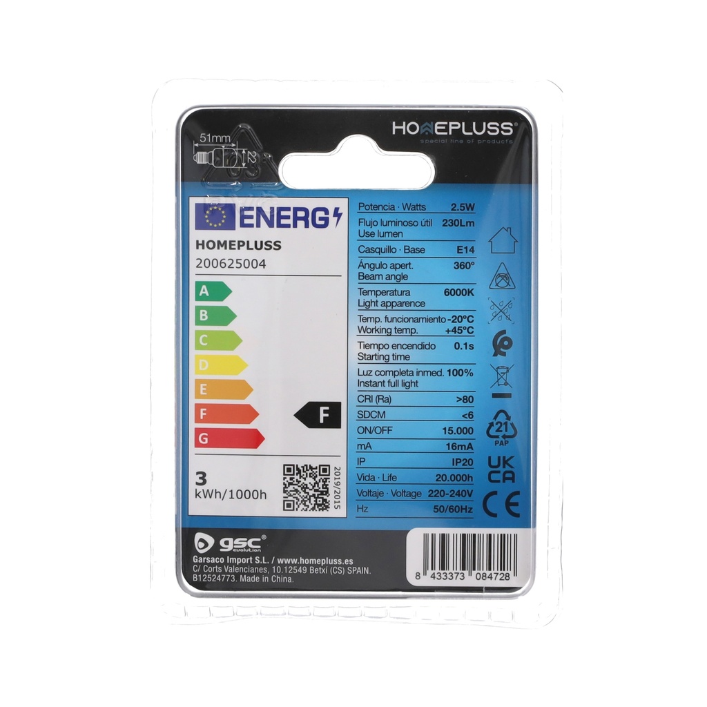 Bombilla LED pebetera 2.5W E14 6000K - 6u retráctil