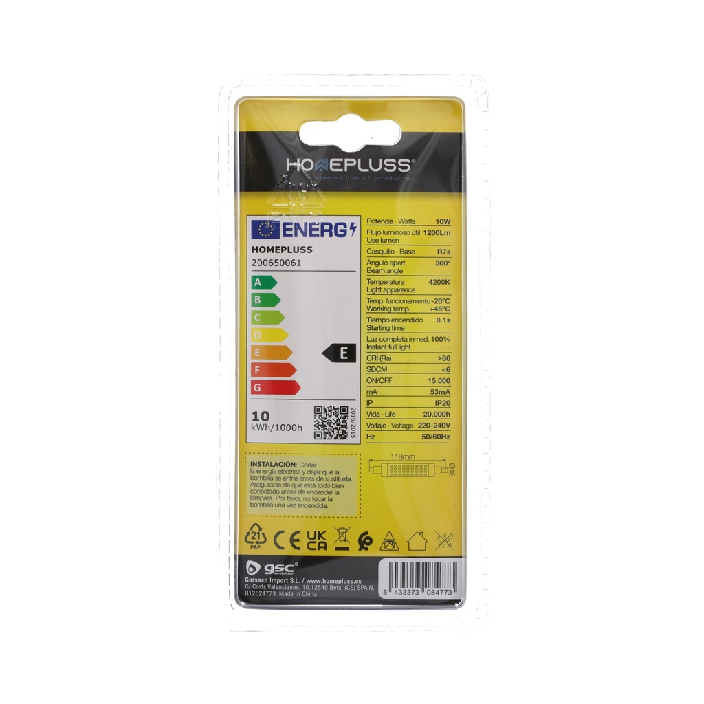 Bombilla LED lineal 118mm 10W R7s 4200K - 6u retráctil