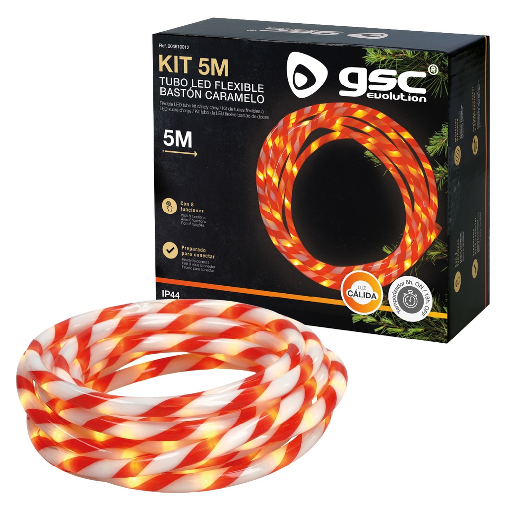 Kit 5M tubo LED flexible bastón de caramelo 8 funciones Luz cálida