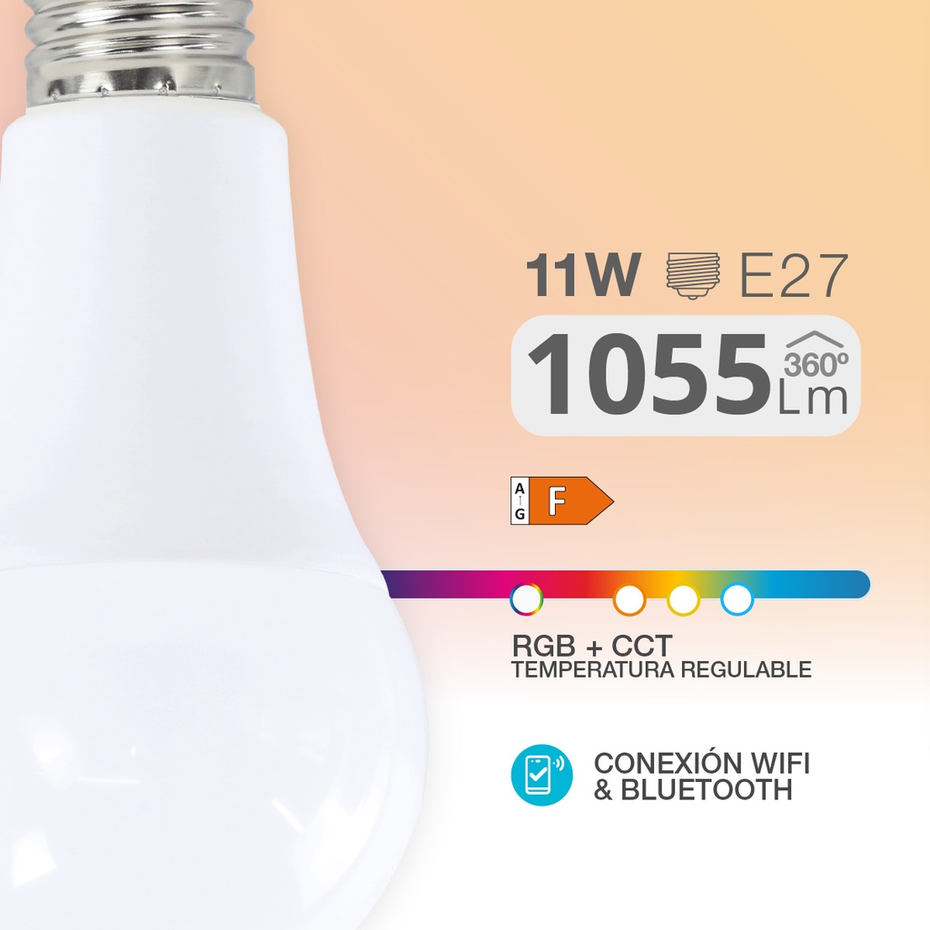 Bombilla LED estándar inteligente vía wifi y bluetooth 11W E27 RGB + 2700-6500K Regulable