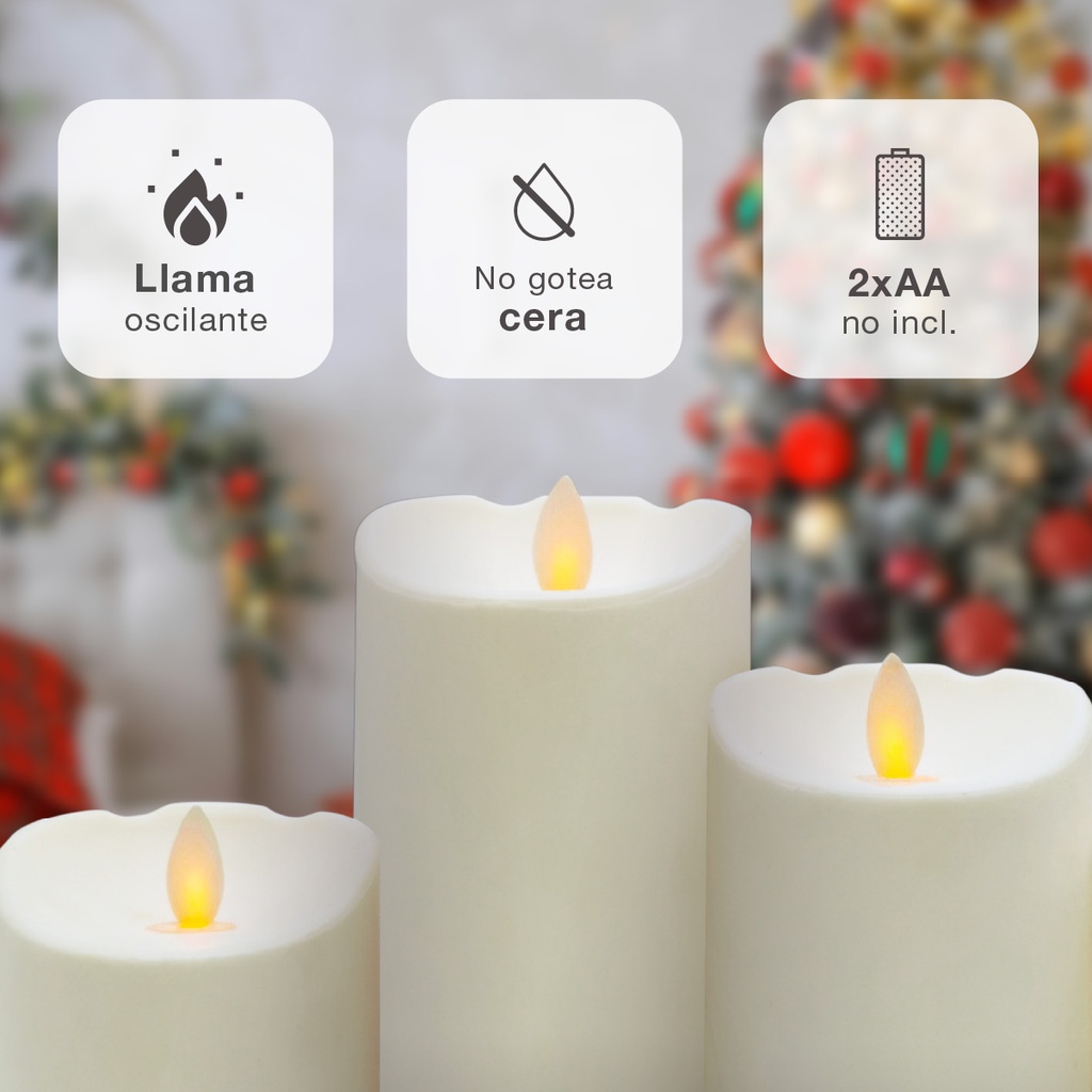 Pack 3 velas decorativas LED de cera 100 - 120 - 150mm Blanco