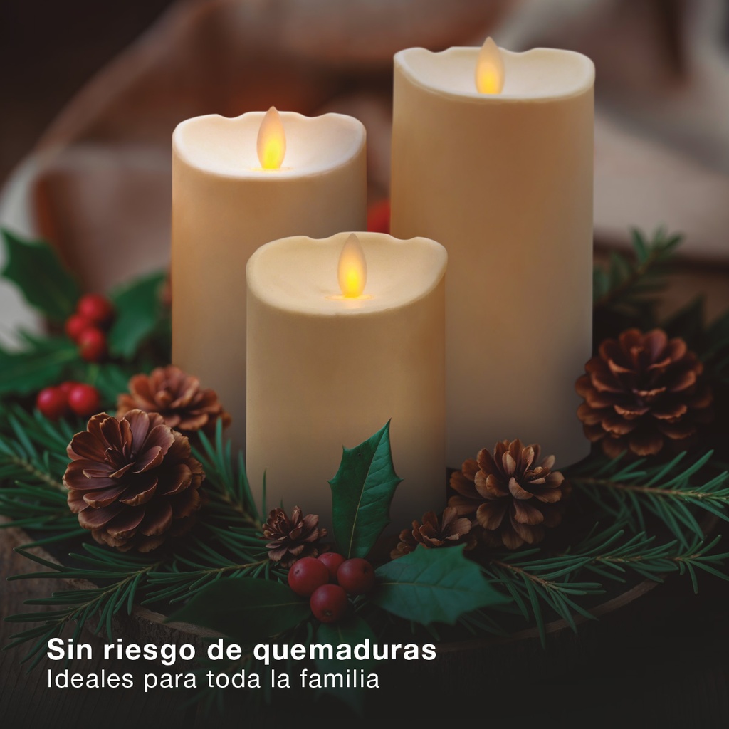 Pack 3 velas decorativas LED de cera 100 - 120 - 150mm Blanco