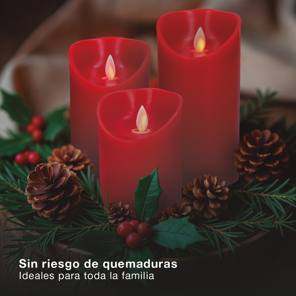 Pack 3 velas decorativas LED de cera 100 - 120 - 150mm Rojo