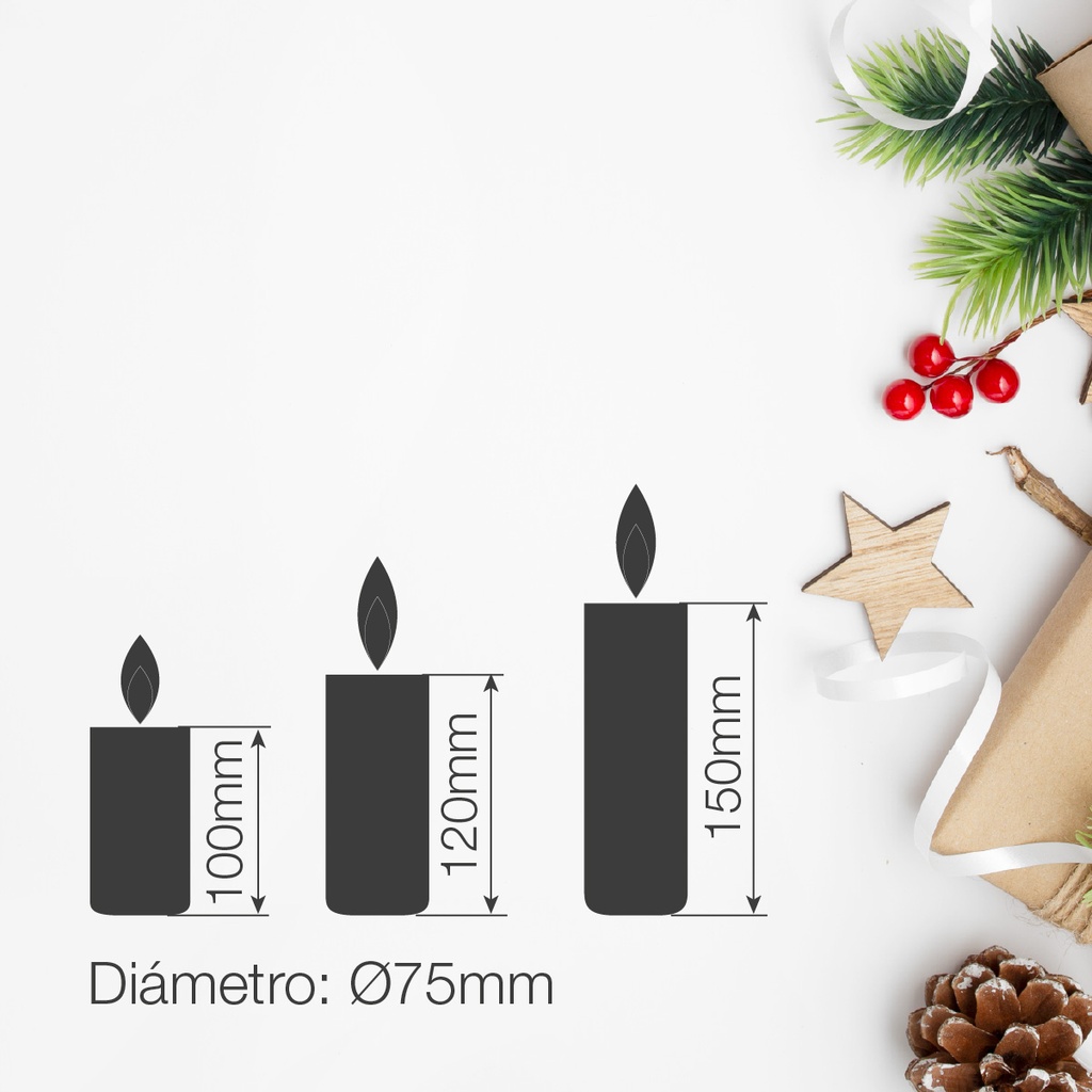 Pack 3 velas decorativas LED de cera 100 - 120 - 150mm Rojo