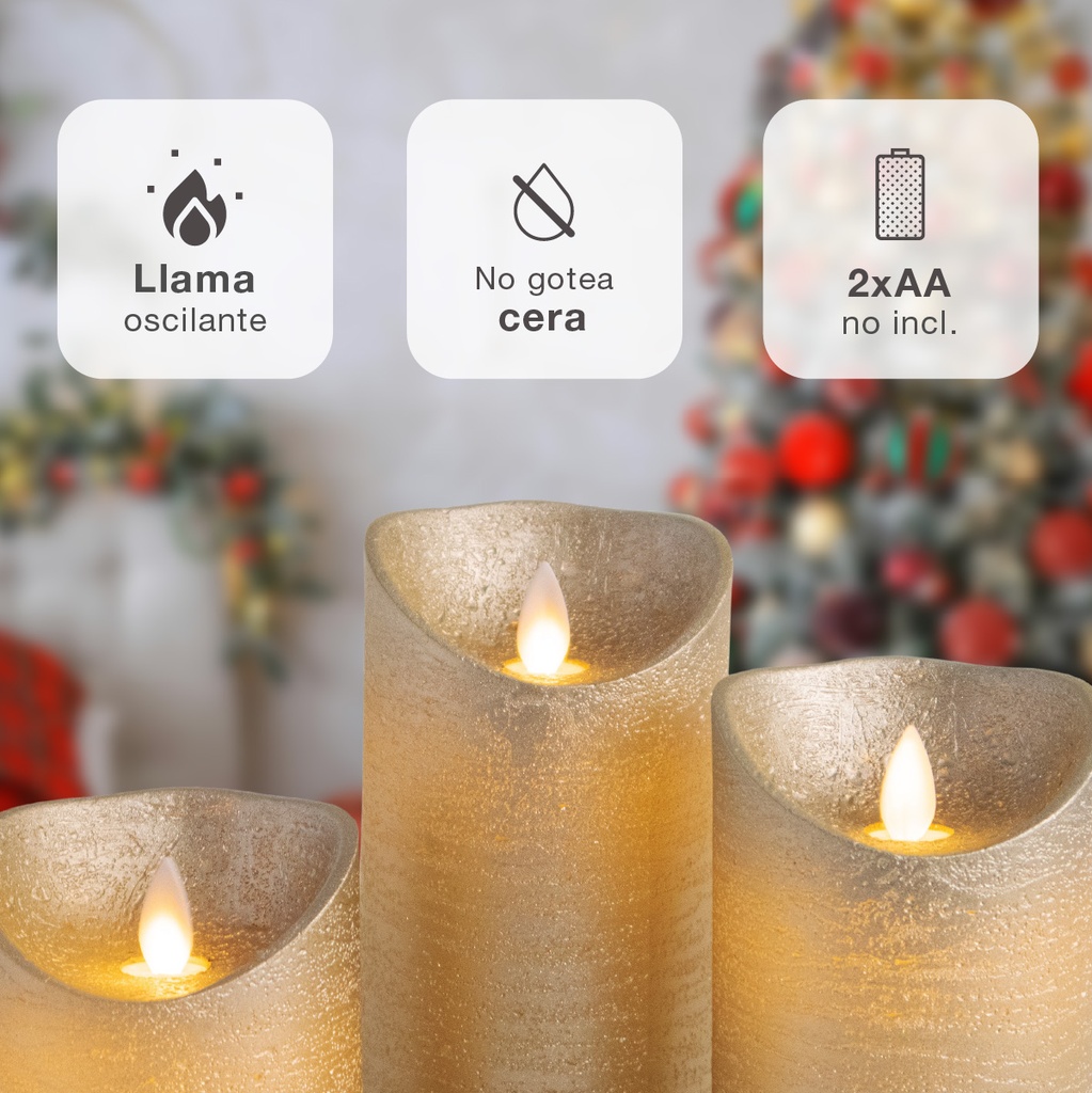 Pack 3 velas decorativas LED de cera 100 - 120 - 150mm Dorado