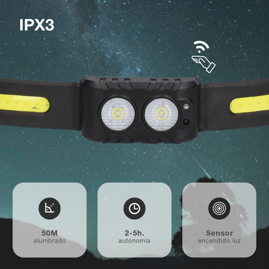 Linterna de cabeza LED COB con sensor 3W