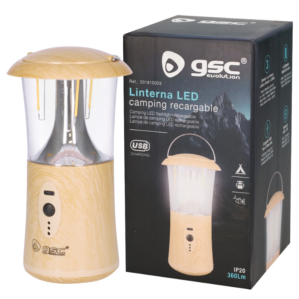 Linterna LED camping recargable USB 360lm