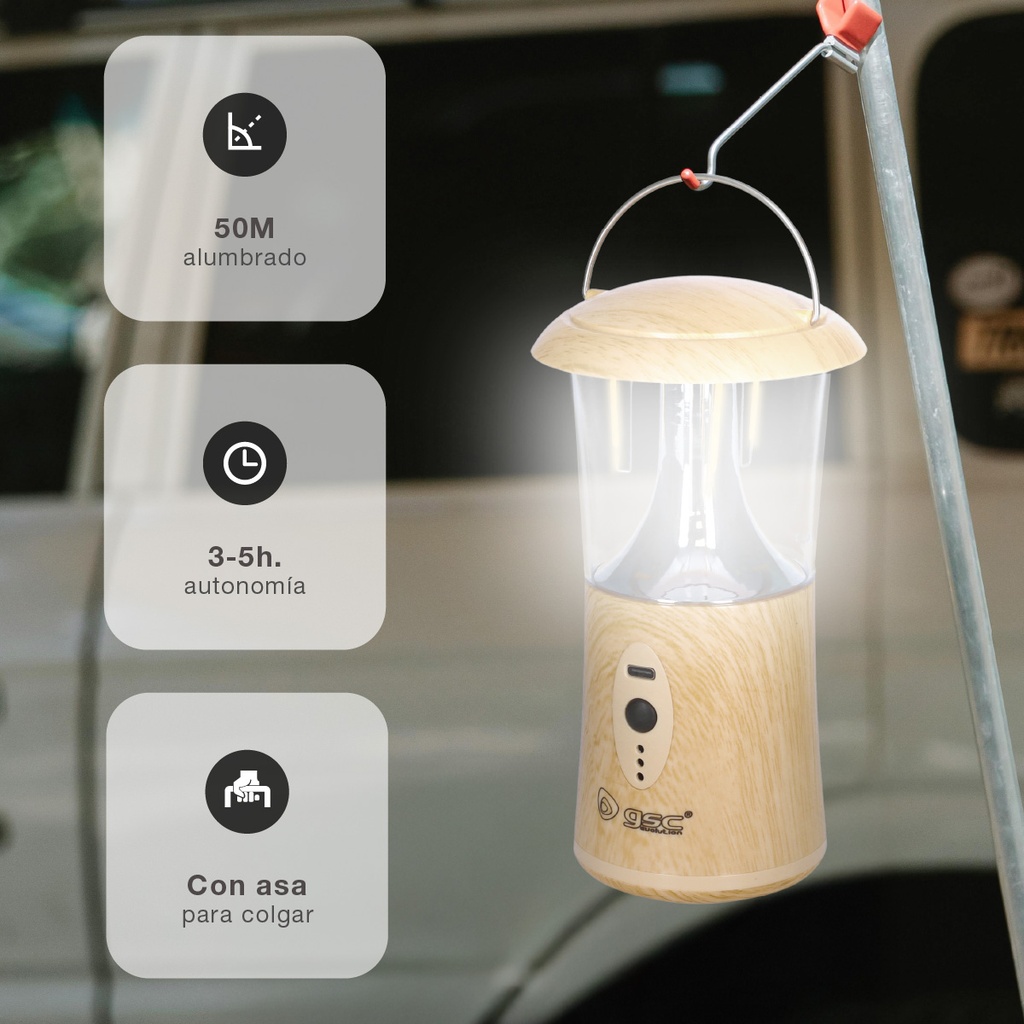 Linterna LED camping recargable USB 360lm