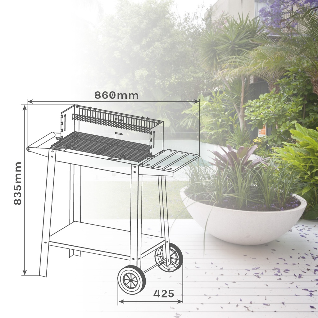 Barbacoa carro portátil Musters de acero para carbón 520mm x 270mm