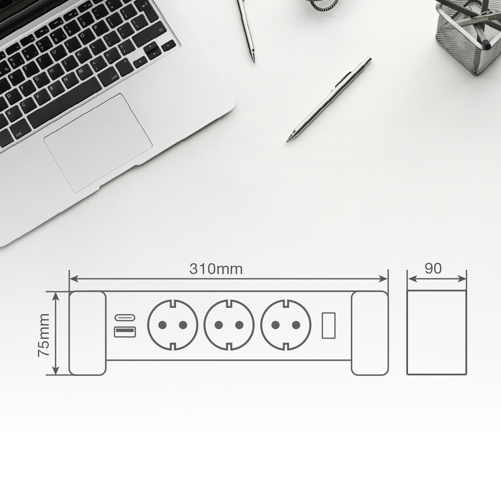 Base múltiple sobremesa 3T + 1 USB A + 1 USB Tipo C + Int (3x1.5mm) 1,4M Blanco