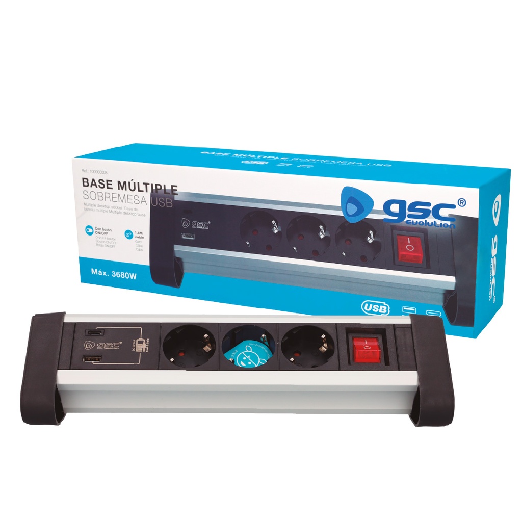 Base múltiple sobremesa 3T + 1 USB A + 1 USB Tipo C + Int (3x1.5mm) 1,4M Negro
