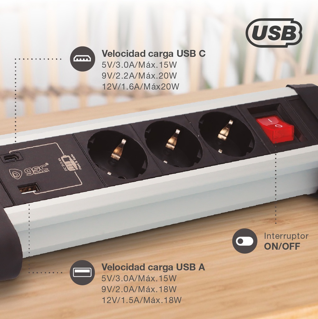 Base múltiple sobremesa 3T + 1 USB A + 1 USB Tipo C + Int (3x1.5mm) 1,4M Negro
