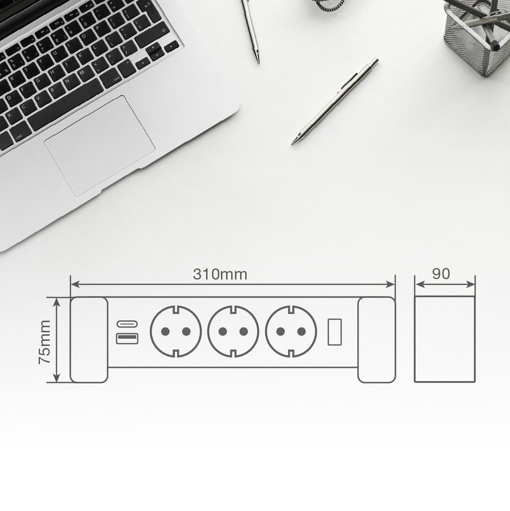 Base múltiple sobremesa 3T + 1 USB A + 1 USB Tipo C + Int (3x1.5mm) 1,4M Negro