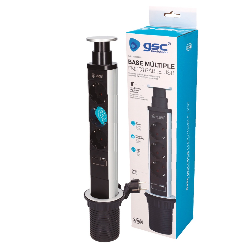 Base múltiple empotrable 3T + 1 USB A + 1 USB Tipo C (3x1.5mm) 1,4M