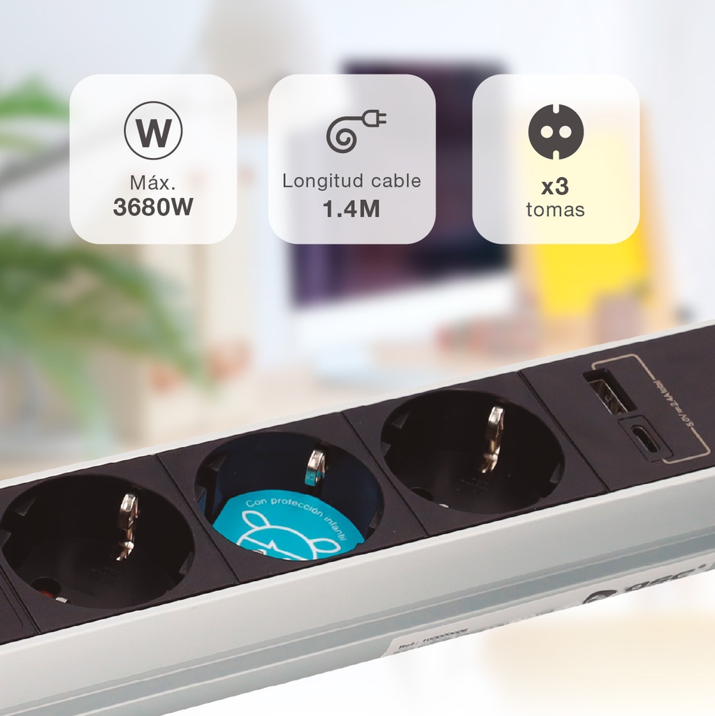 Base múltiple empotrable 3T + 1 USB A + 1 USB Tipo C (3x1.5mm) 1,4M