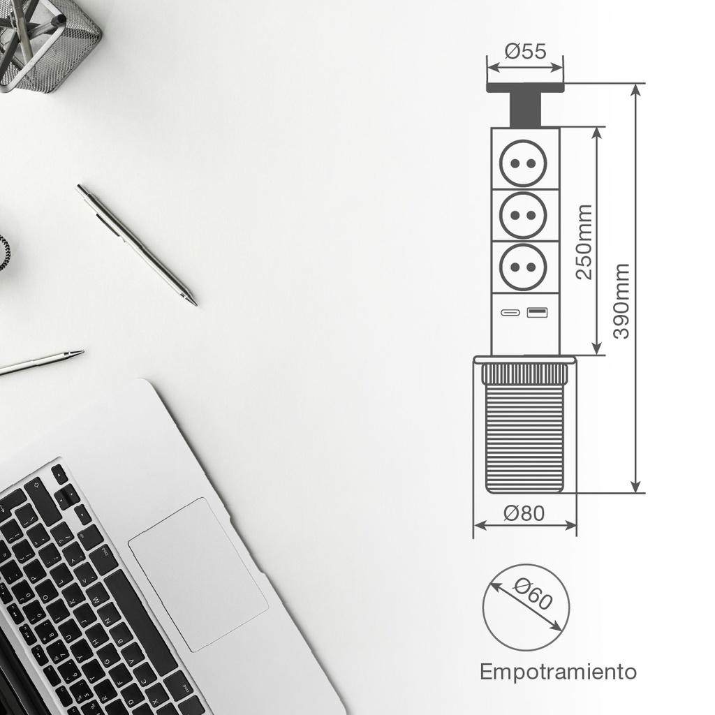 Base múltiple empotrable 3T + 1 USB A + 1 USB Tipo C (3x1.5mm) 1,4M