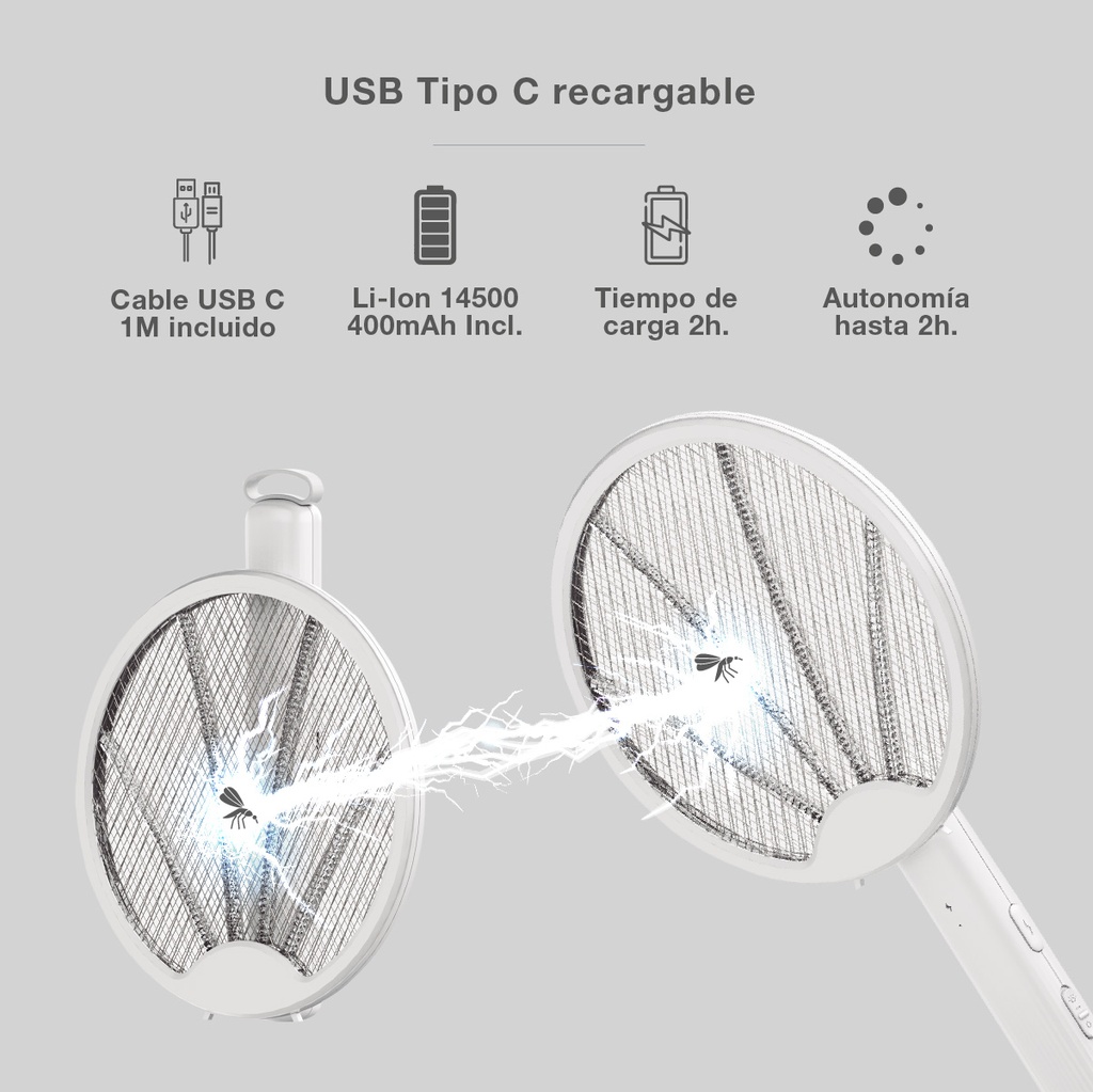 Raqueta eléctrica mata insectos 2 en 1 USB Recargable 