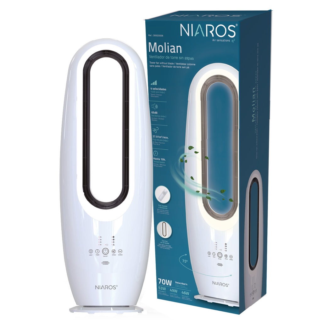 Ventilador de torre sin aspas Molian con luz y mando 70W Blanco