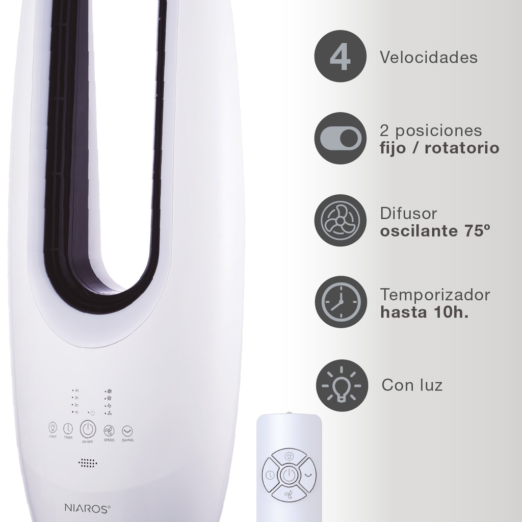 Ventilador de torre sin aspas Molian con luz y mando 70W Blanco