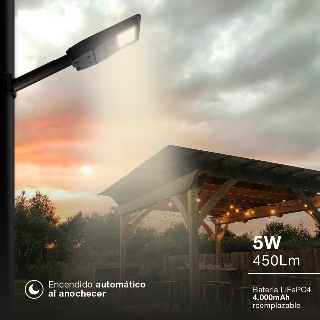 Farola solar LED Buat con sensor de movimiento y crepuscular 5W 4000K IP65