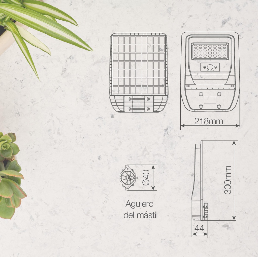 Farola solar LED Buat con sensor de movimiento y crepuscular 5W 4000K IP65