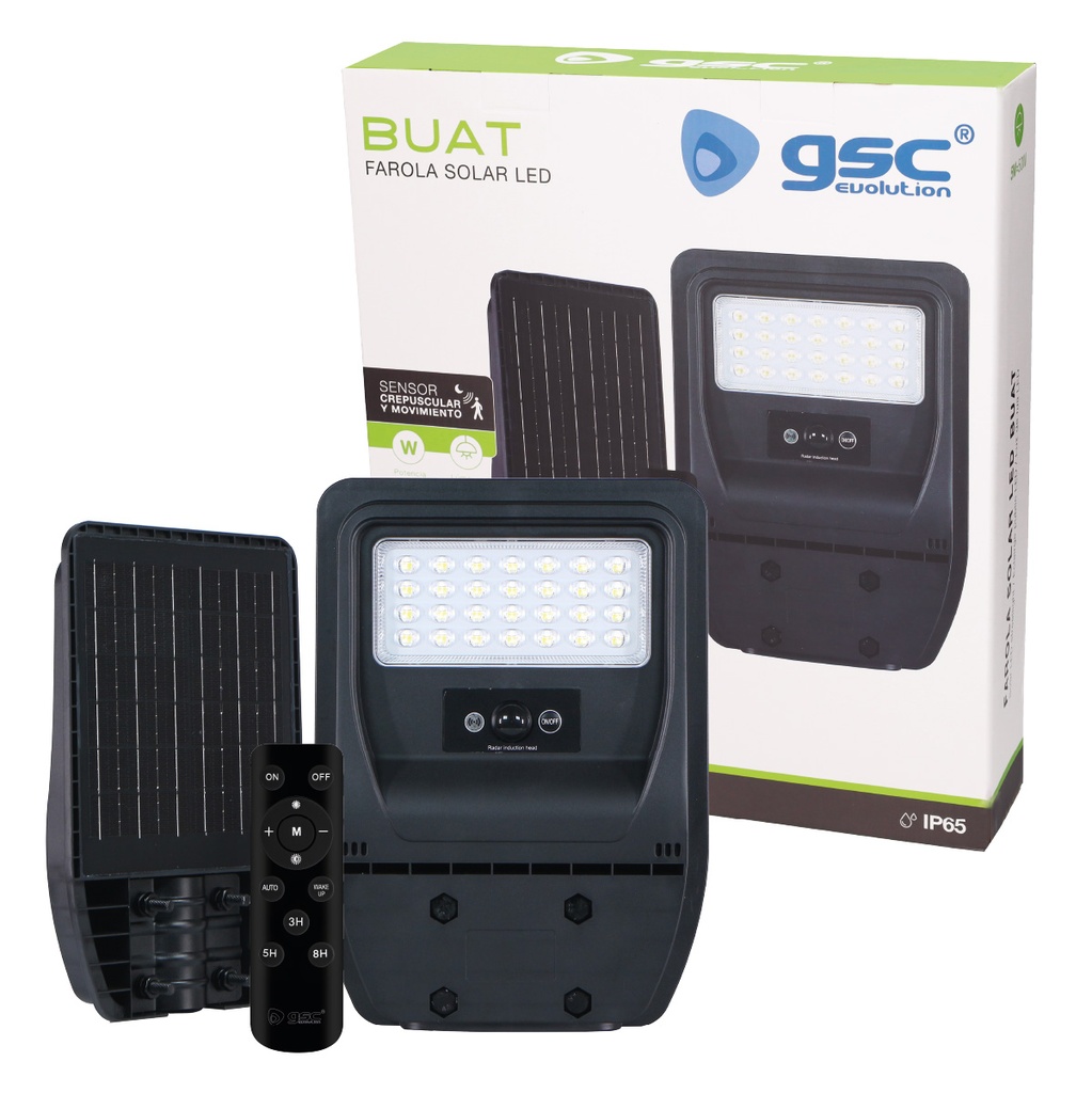Farola solar LED Buat con sensor de movimiento y crepuscular 5W 6500K IP65