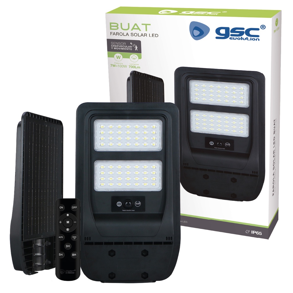 Farola solar LED Buat con sensor de movimiento y crepuscular 7W 6500K IP65