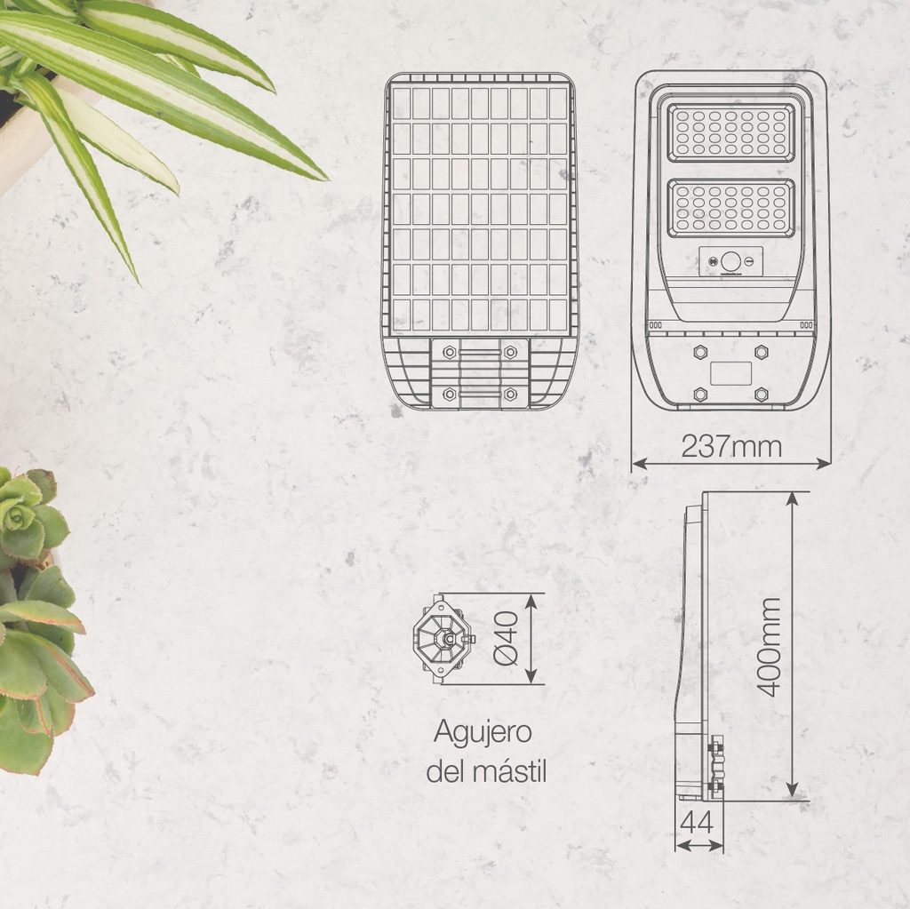 Farola solar LED Buat con sensor de movimiento y crepuscular 7W 6500K IP65