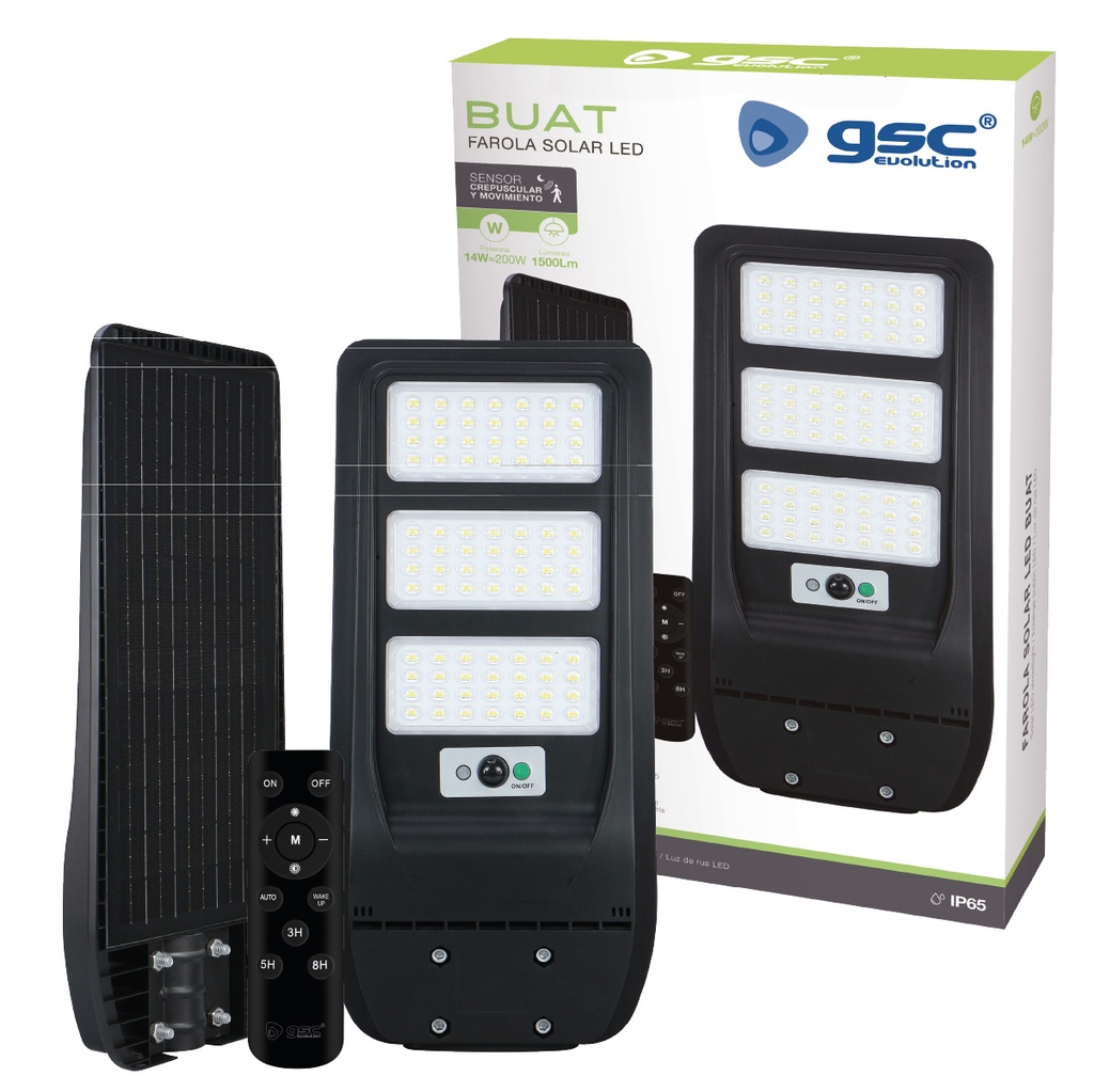 Farola solar LED Buat con sensor de movimiento y crepuscular 14W 6500K IP65