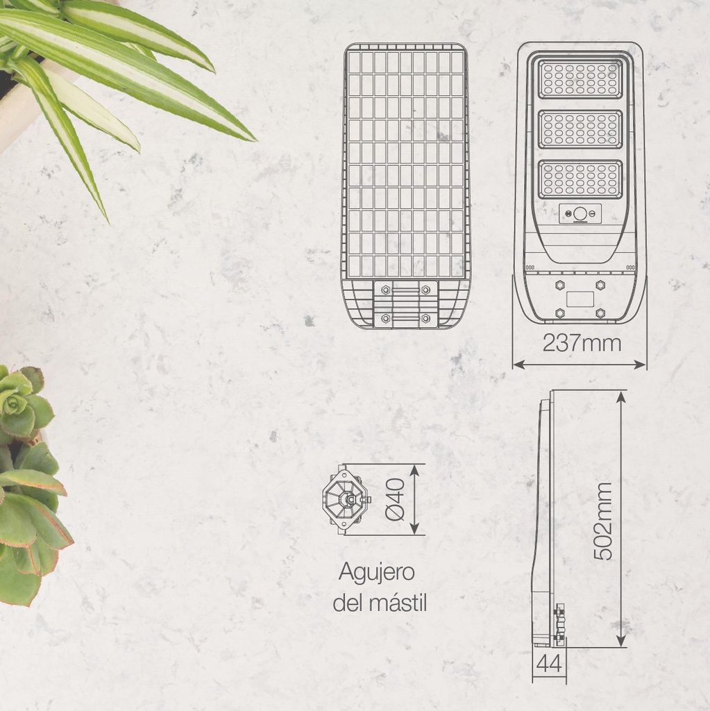 Farola solar LED Buat con sensor de movimiento y crepuscular 14W 6500K IP65