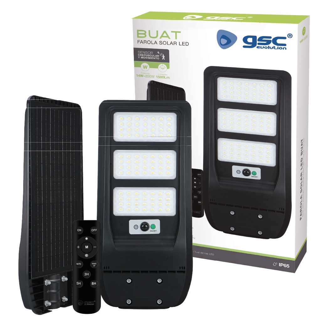 Farola solar LED Buat con sensor de movimiento y crepuscular 14W 4000K IP65
